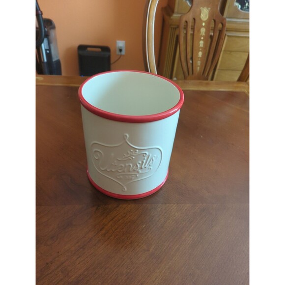 The Pioneer Woman White Linen Red Edge Stoneware Crock Utensil Holder New - Picture 5 of 11